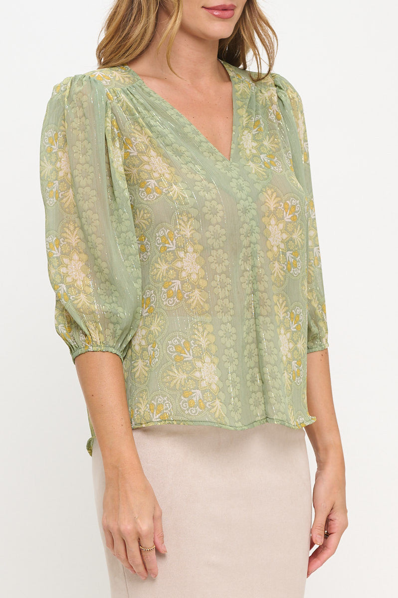 Floral Print Semi Sheer V neck Top