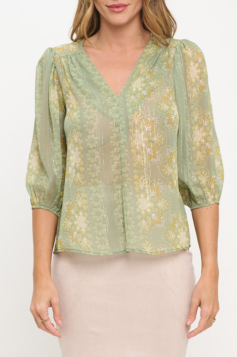 Floral Print Semi Sheer V neck Top
